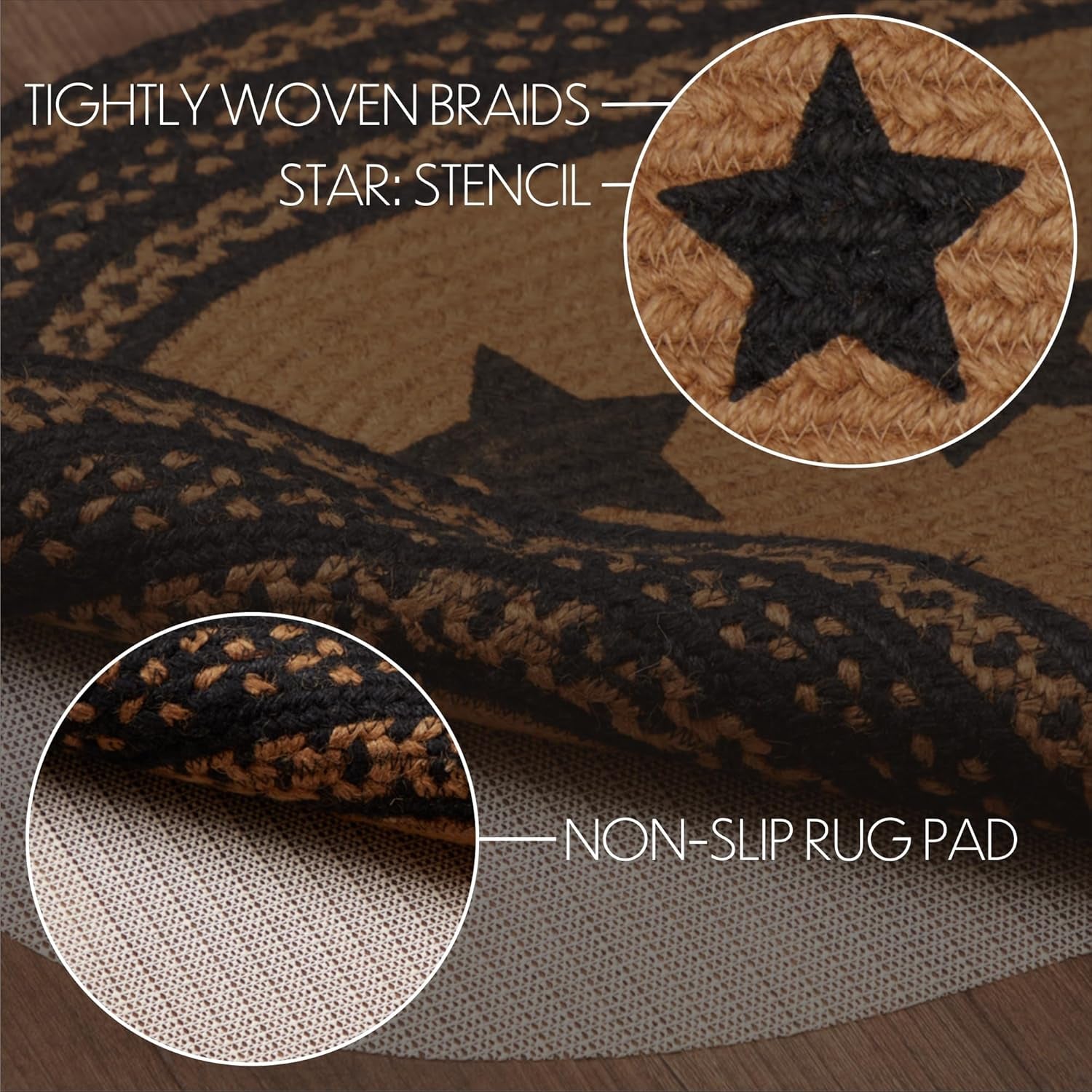 Farmhouse Primitive Star Black Stenciled Accent Jute Rug Oval Stencil Stars W/Pad 20"X30"