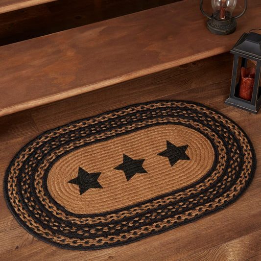 Farmhouse Primitive Star Black Stenciled Accent Jute Rug Oval Stencil Stars W/Pad 20"X30"
