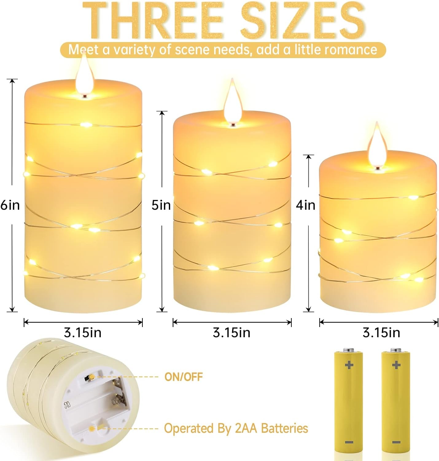 Flameless Candles with String Lights,Battery Operated Candles,Led Flickering Candles with Remote Control and Timer, Real Wax, 3 Pack-Ivory