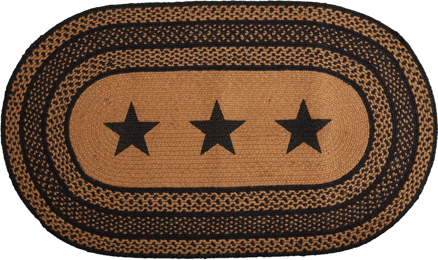 Farmhouse Primitive Star Black Stenciled Accent Jute Rug Oval Stencil Stars W/Pad 20"X30"