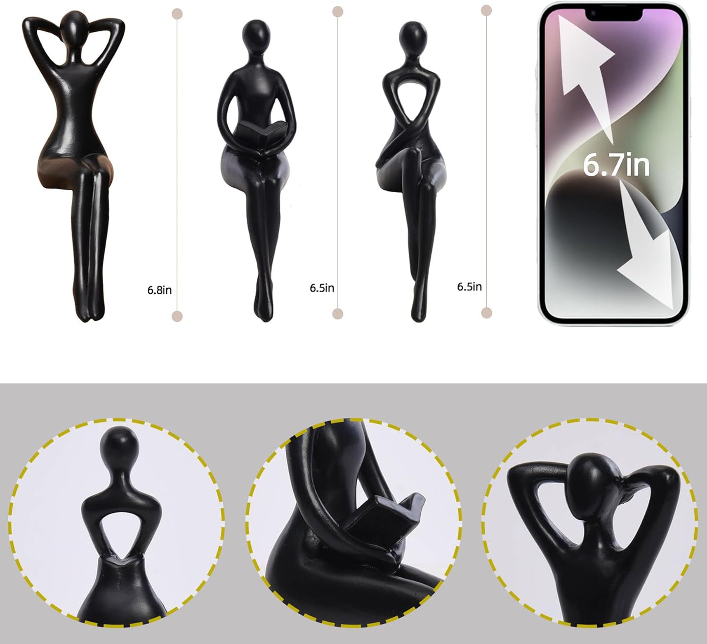 Black Thinker Statue Book Shelf Decor, Minimalist Modern Home Decor Collectable