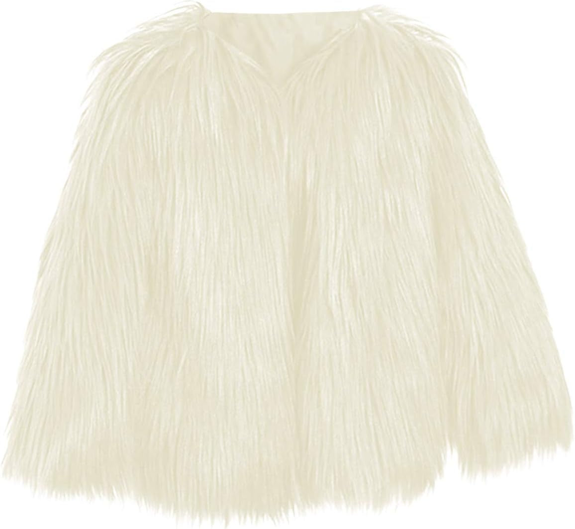 Girl Faux Fur Long Sleeve V Neck Jacket Coat Warm Outerwear Children Thick Outwear 2-10Years (Beige, 6-7 Years)