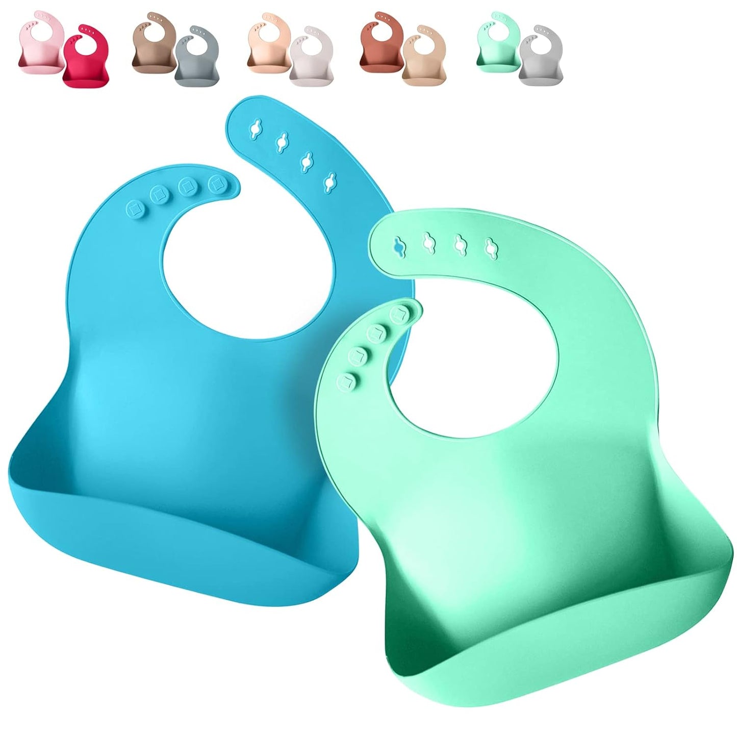 Silicone Baby Bibs - Soft Silicone Bib with Food Catcher and Waterproof Material - Adjustable Fit for Baby and Toddler (Green/Blue)