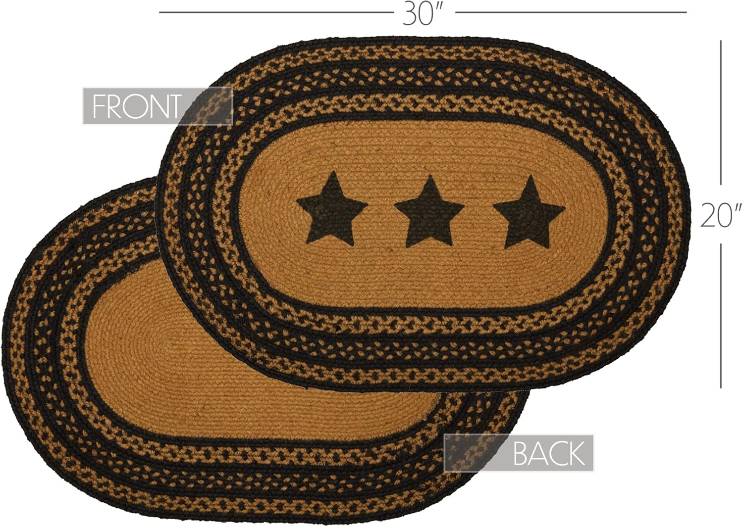 Farmhouse Primitive Star Black Stenciled Accent Jute Rug Oval Stencil Stars W/Pad 20"X30"