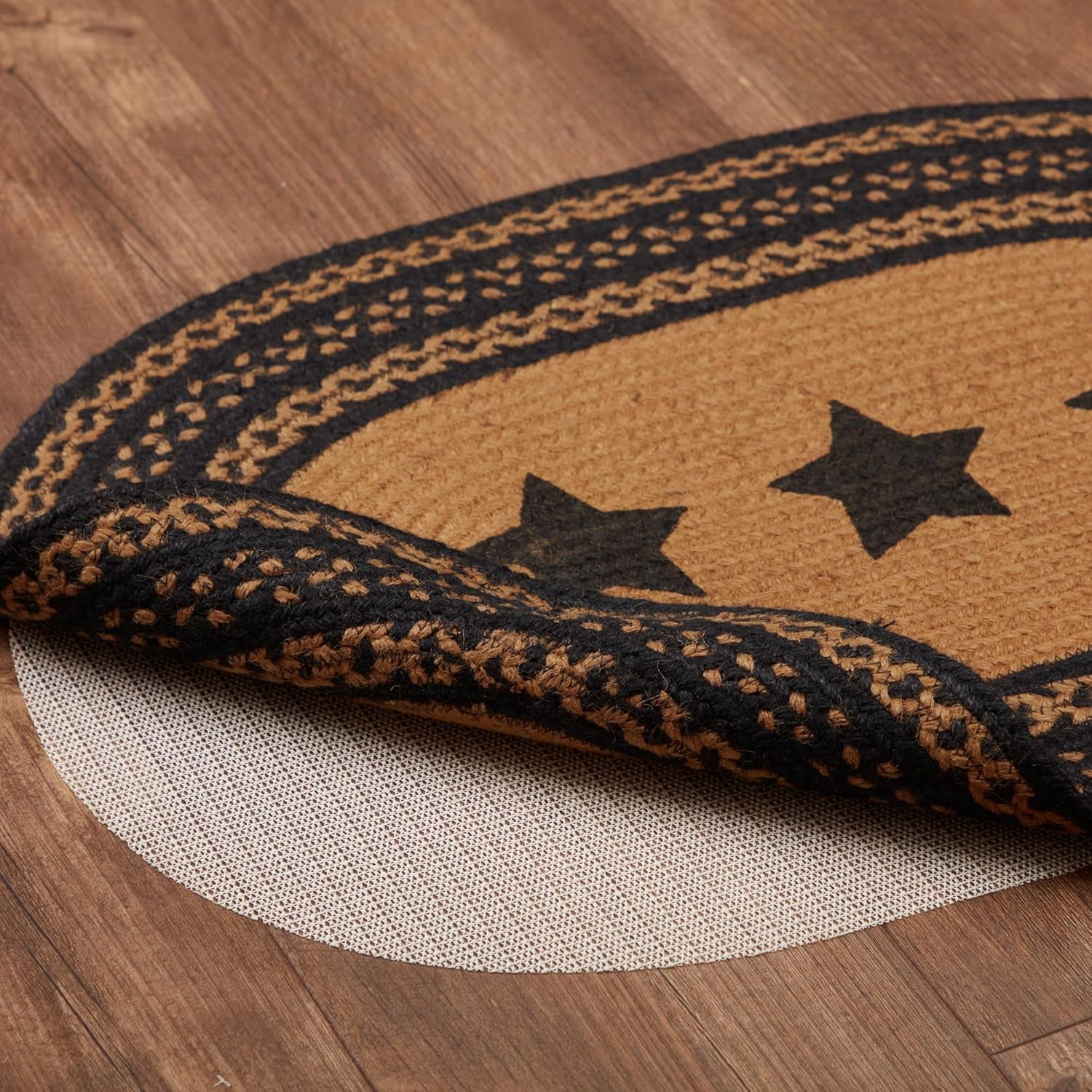 Farmhouse Primitive Star Black Stenciled Accent Jute Rug Oval Stencil Stars W/Pad 20"X30"