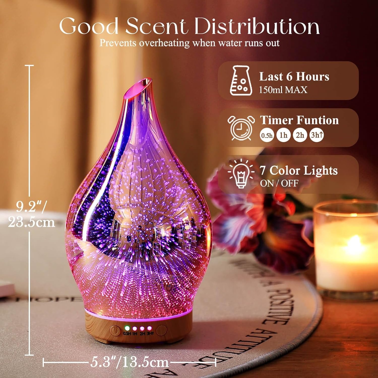 Essential Oil Diffuser 3D Firework Glass Aromatherapy Ultrasonic Humidifier Rose Gold, Auto Shut-Off, Timer Setting, BPA Free, Aroma Decoration for Home, Office, Gym, Spa, Premium Gift 150Ml