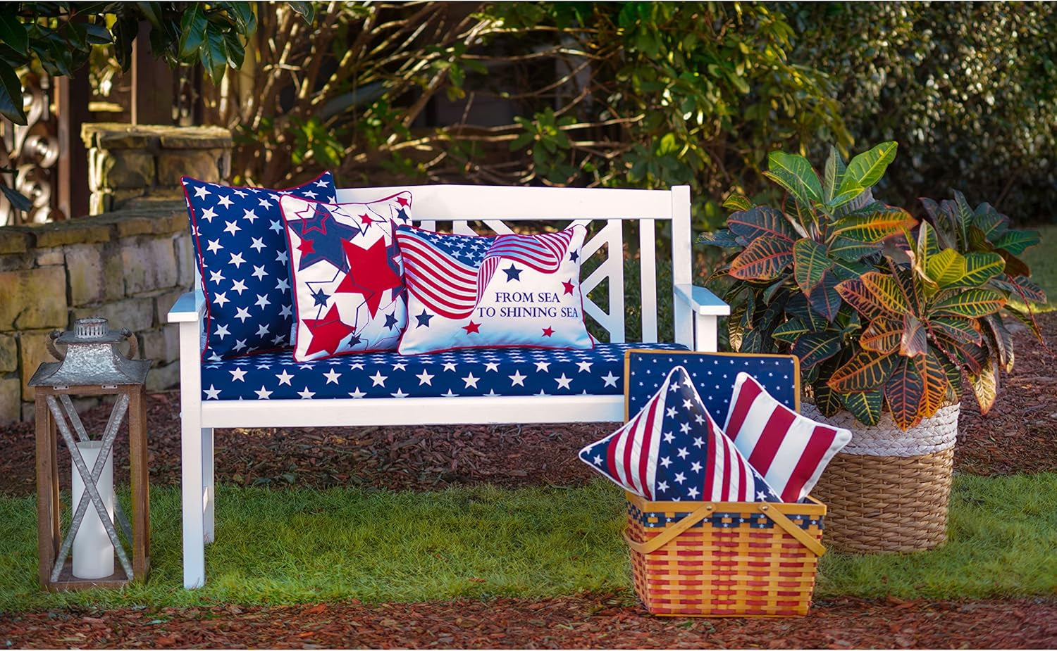 Americana Indoor/Outdoor Throw Pillow Plush Fill, Weather, and Fade Resistant, Accent - 16.5" X 16.5", Blue/White Macey 2 Count