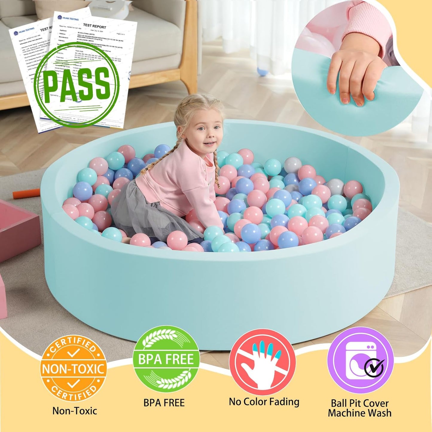 Extra Large Soft Foam Ball Pit 51.2" X 11.8" (NO Balls) in Large Sponge round Ball Pool Indoor round Ball Pits Children Toddler Playpen - Light Blue