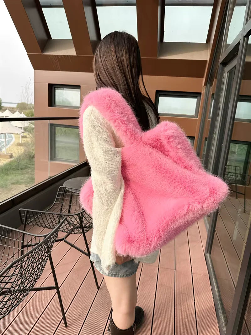 Designer Faux Mongolian Fur Fluffy Plush Shoulder Bag for Women - Large Heart-Shaped Hobo Shopper Handbag