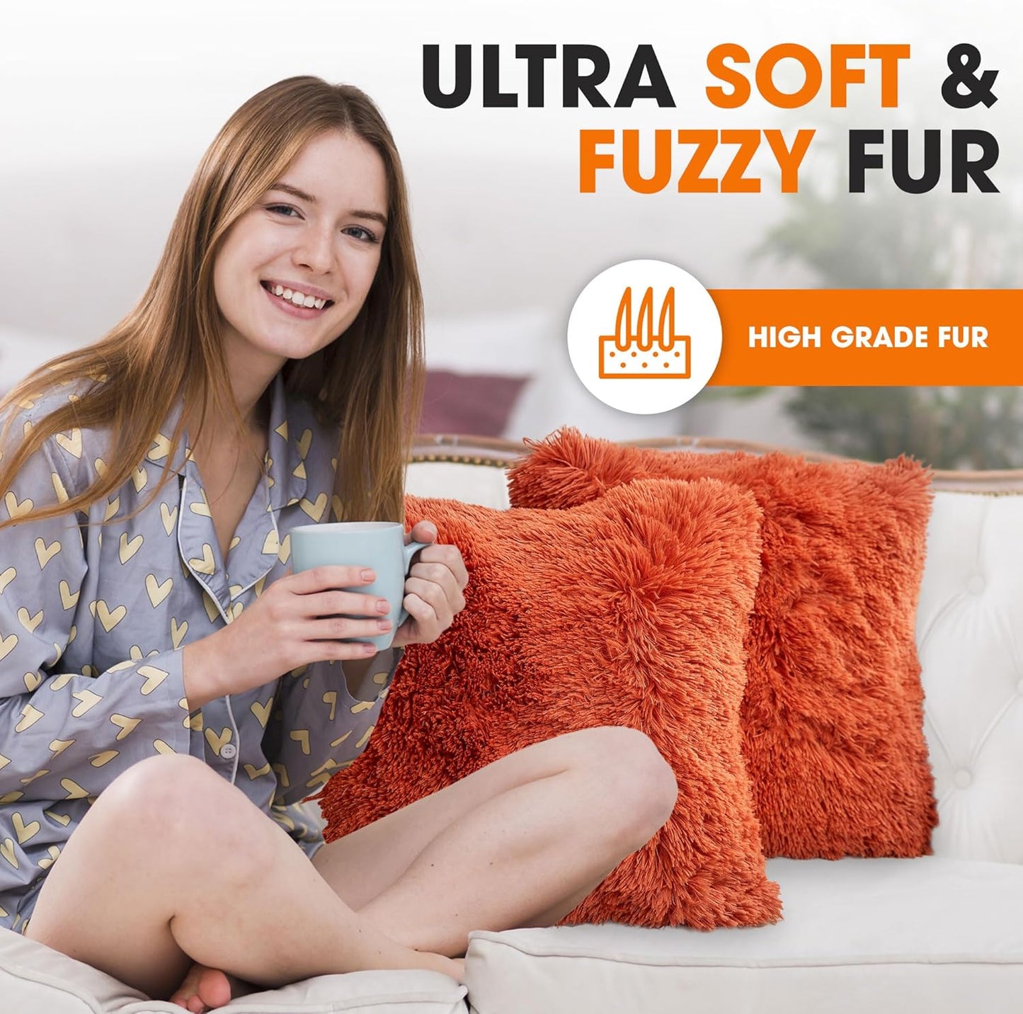 Throw Pillows for Couch and Bed, Soft Shaggy Throw Pillows with Inserts Included, Cozy Long Hair Faux Fur Pillows - Set of 2-20" X 20" - Rust Orange