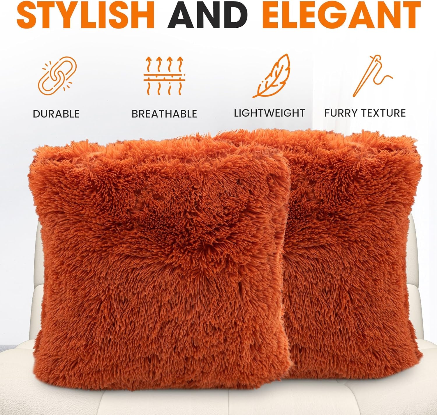 Throw Pillows for Couch and Bed, Soft Shaggy Throw Pillows with Inserts Included, Cozy Long Hair Faux Fur Pillows - Set of 2-20" X 20" - Rust Orange