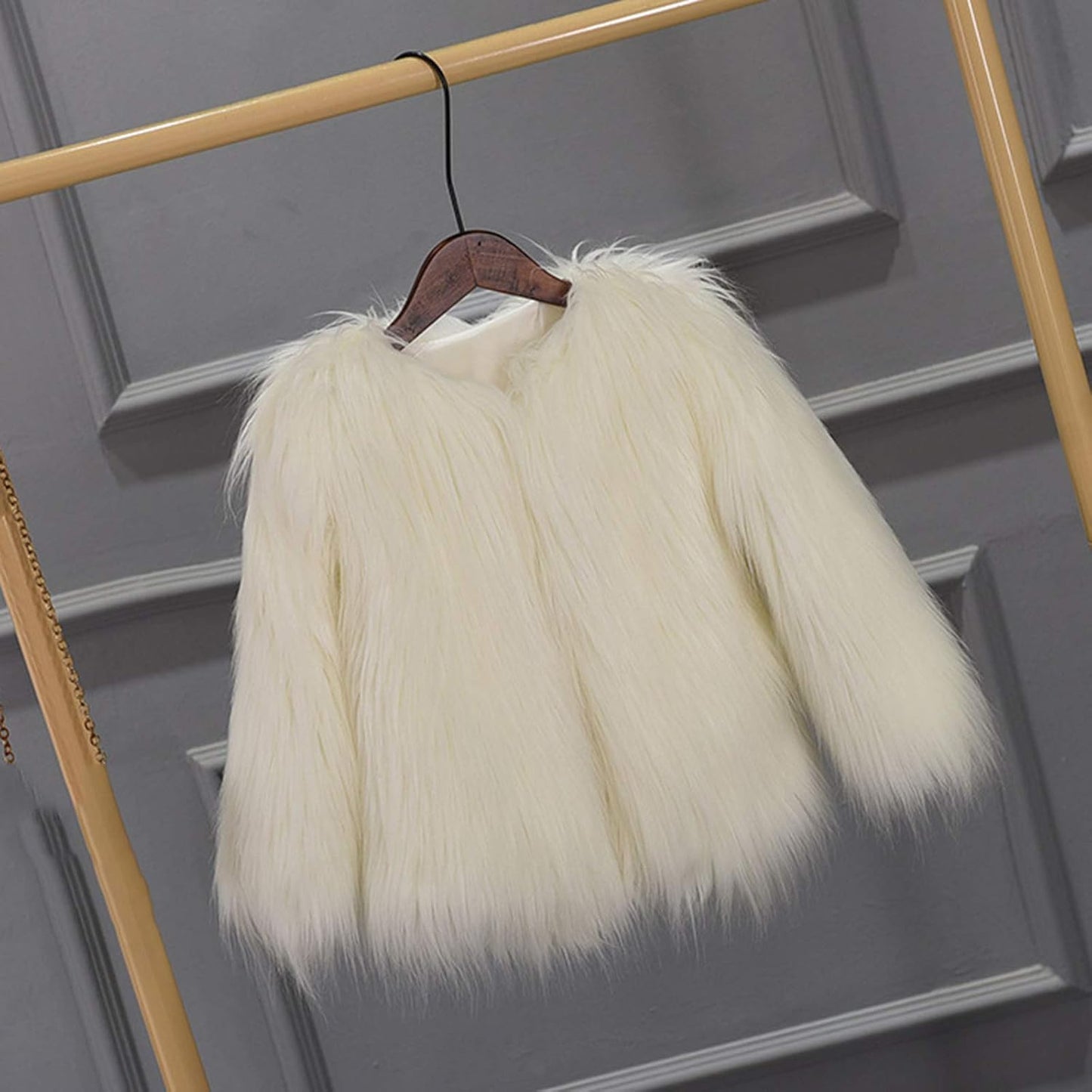 Girl Faux Fur Long Sleeve V Neck Jacket Coat Warm Outerwear Children Thick Outwear 2-10Years (Beige, 6-7 Years)
