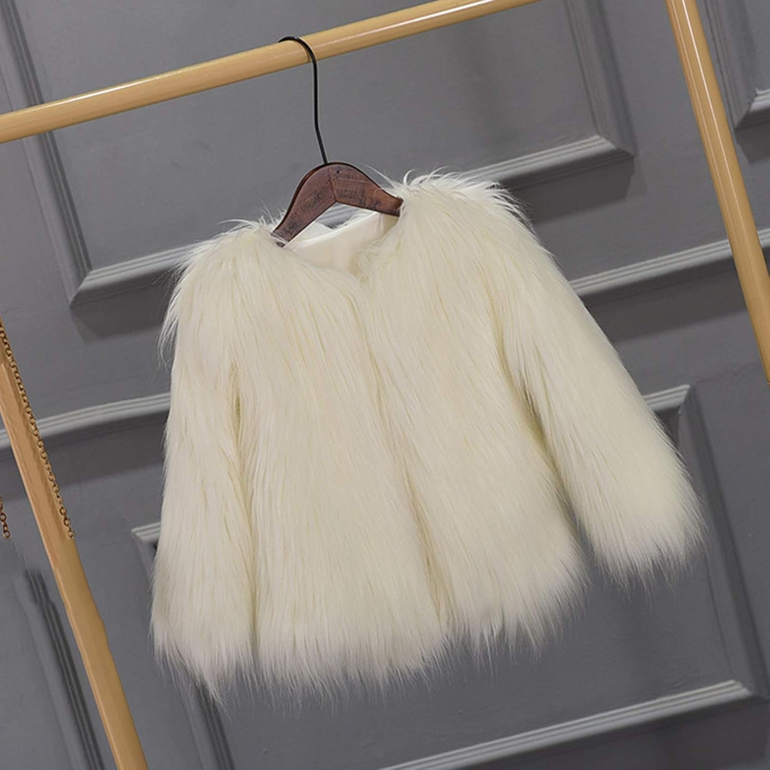 Girl Faux Fur Long Sleeve V Neck Jacket Coat Warm Outerwear Children Thick Outwear 2-10Years (Beige, 6-7 Years)