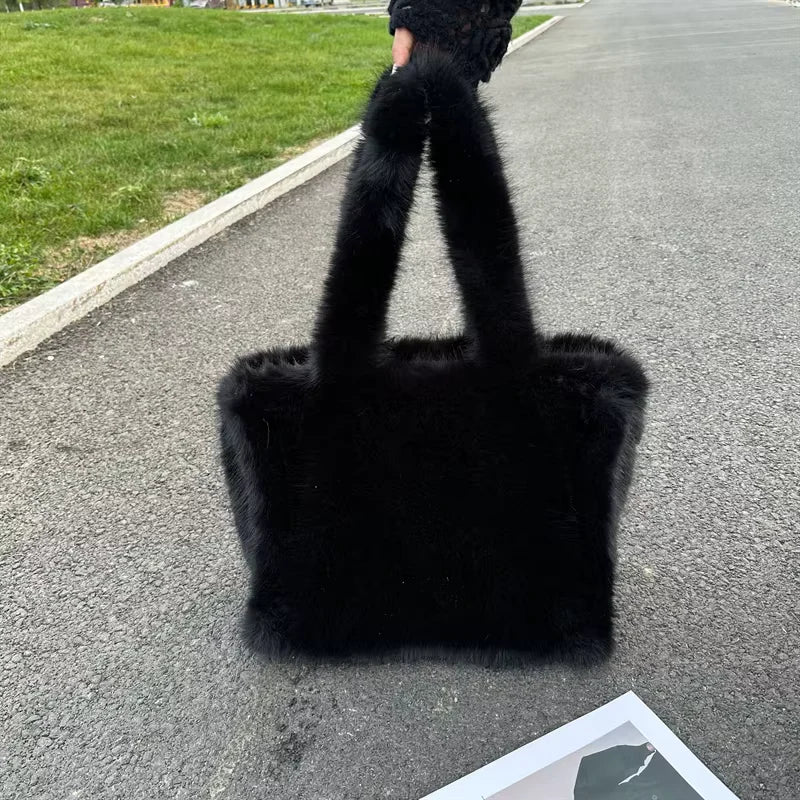 Designer Faux Mongolian Fur Fluffy Plush Shoulder Bag for Women - Large Heart-Shaped Hobo Shopper Handbag