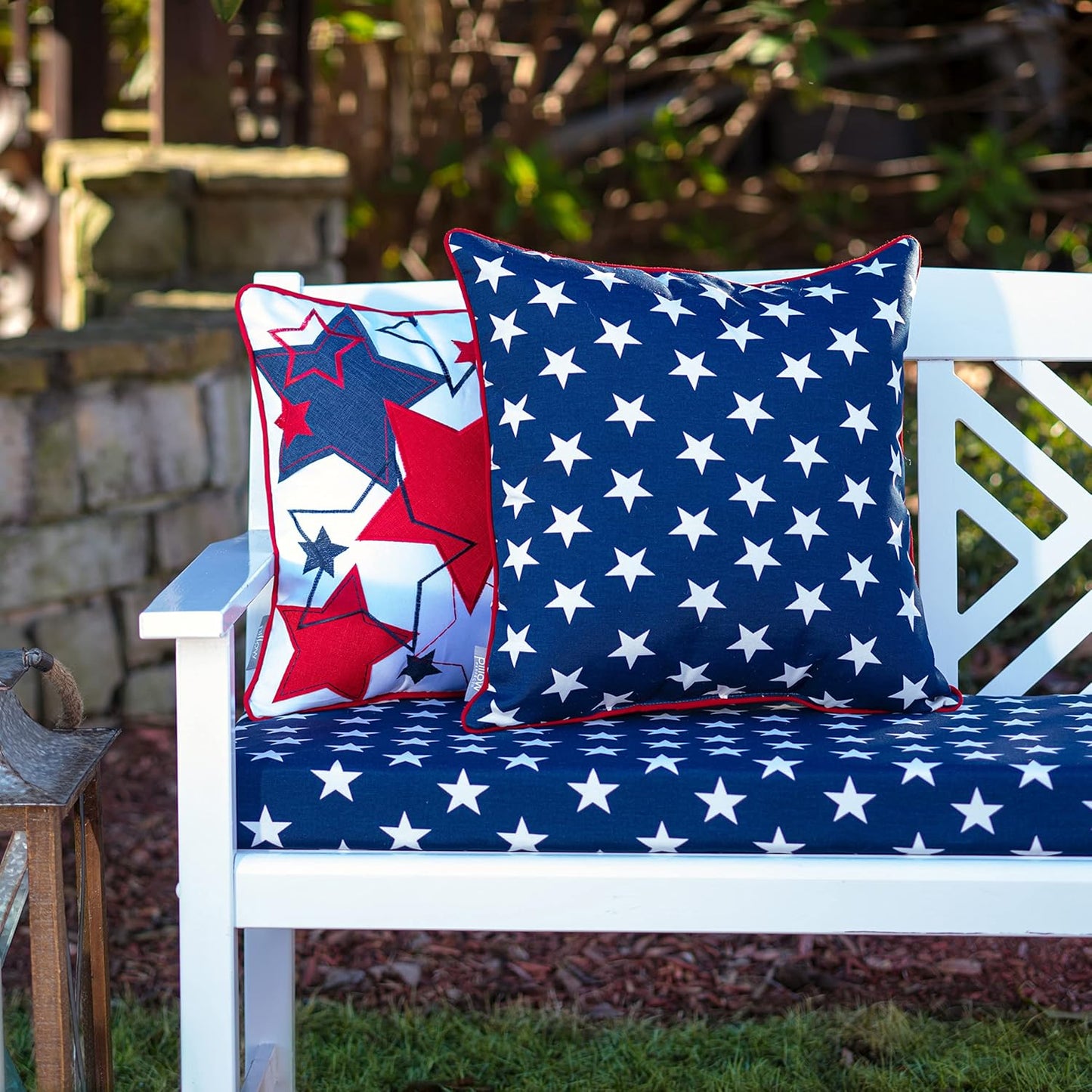 Americana Indoor/Outdoor Throw Pillow Plush Fill, Weather, and Fade Resistant, Accent - 16.5" X 16.5", Blue/White Macey 2 Count