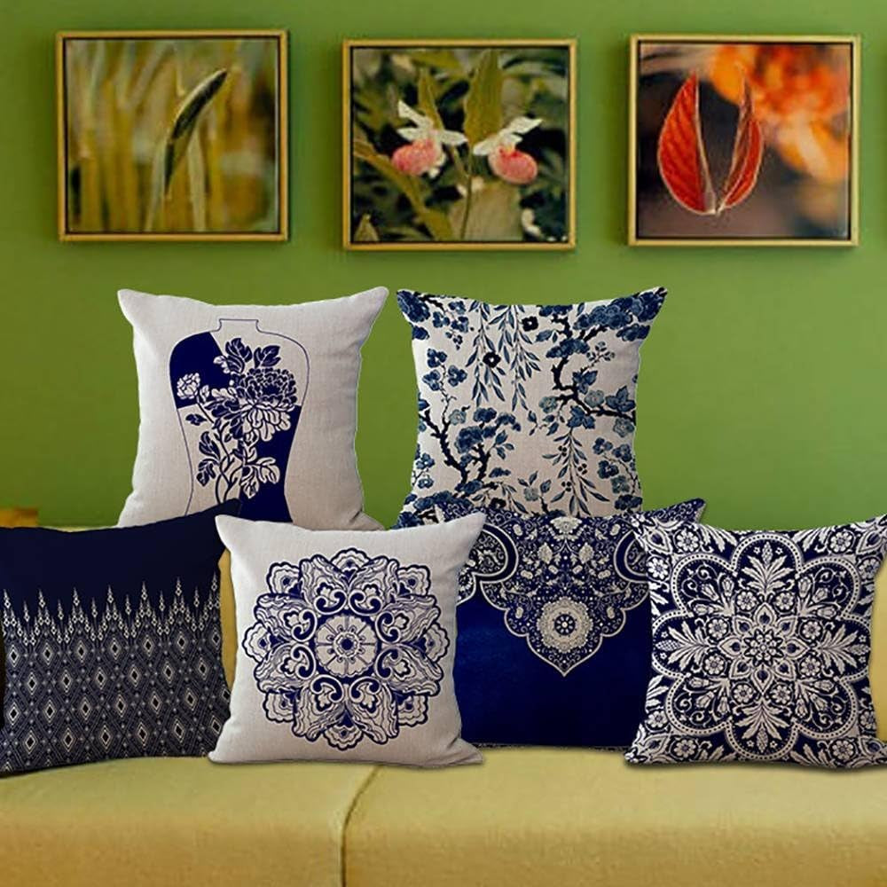 Blue and White Porcelain Throw Pillow Cover, Decorative Chinoiserie Floral Chair Back Cushion Case Linen Cotton Pillowslip Square Pillowcase for Sofa Couch Bed Living Room Kitchen, 18X18 Inch