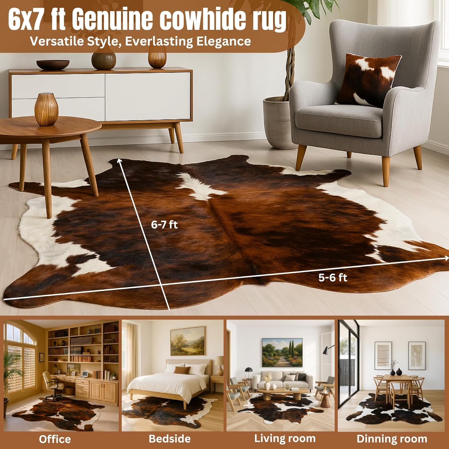 Genuine Cowhide Rug: Real Animal Print Rug for Western Home Decor & Rustic Cow Rugs for Living Room - Hand-Picked Western Rugs, 6X7Ft - Unique Country Style Hide Decor - Brindle Nutella