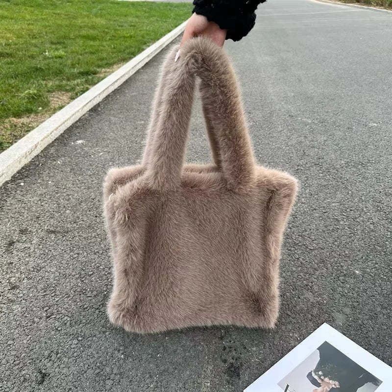 Designer Faux Mongolian Fur Fluffy Plush Shoulder Bag for Women - Large Heart-Shaped Hobo Shopper Handbag