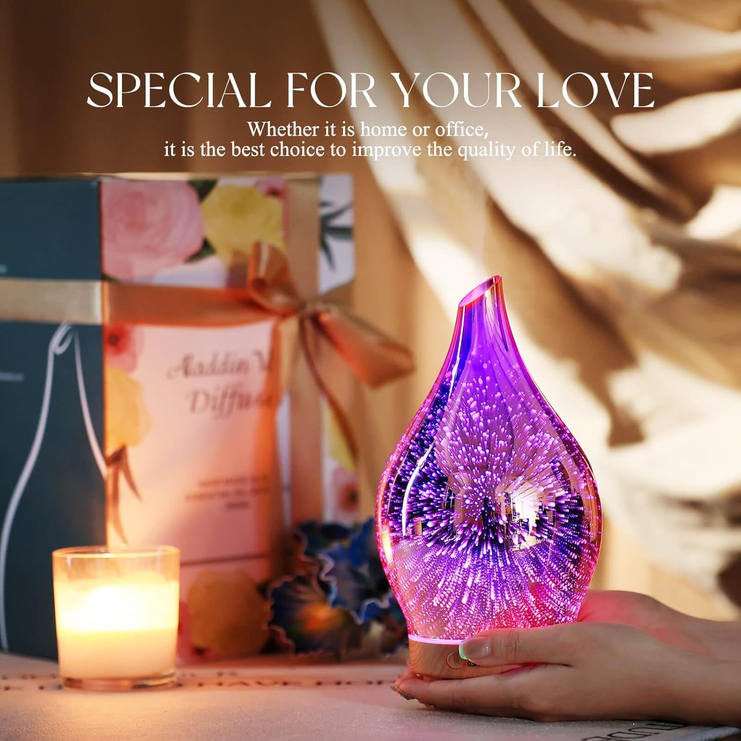 Essential Oil Diffuser 3D Firework Glass Aromatherapy Ultrasonic Humidifier Rose Gold, Auto Shut-Off, Timer Setting, BPA Free, Aroma Decoration for Home, Office, Gym, Spa, Premium Gift 150Ml