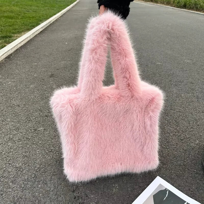 Designer Faux Mongolian Fur Fluffy Plush Shoulder Bag for Women - Large Heart-Shaped Hobo Shopper Handbag