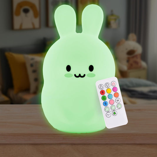 Remote Control Silicone Night Light for Kids - Bunny Design with 9 Soft Colors & Sleep Timer - Rechargeable, Battery-Operated Lamp for Bedroom | Baby Nursery, Toddler, Girls, Boys