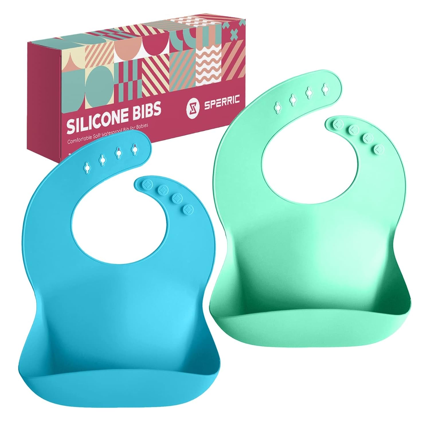 Silicone Baby Bibs - Soft Silicone Bib with Food Catcher and Waterproof Material - Adjustable Fit for Baby and Toddler (Green/Blue)