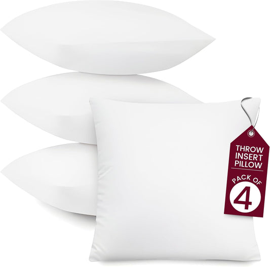 18X18 Throw Pillow Inserts – Set of 4 Soft Square Couch Pillows – Supportive, Fluffy Fill for Bed, Sofa & Chair – Decorative White Pillow Forms