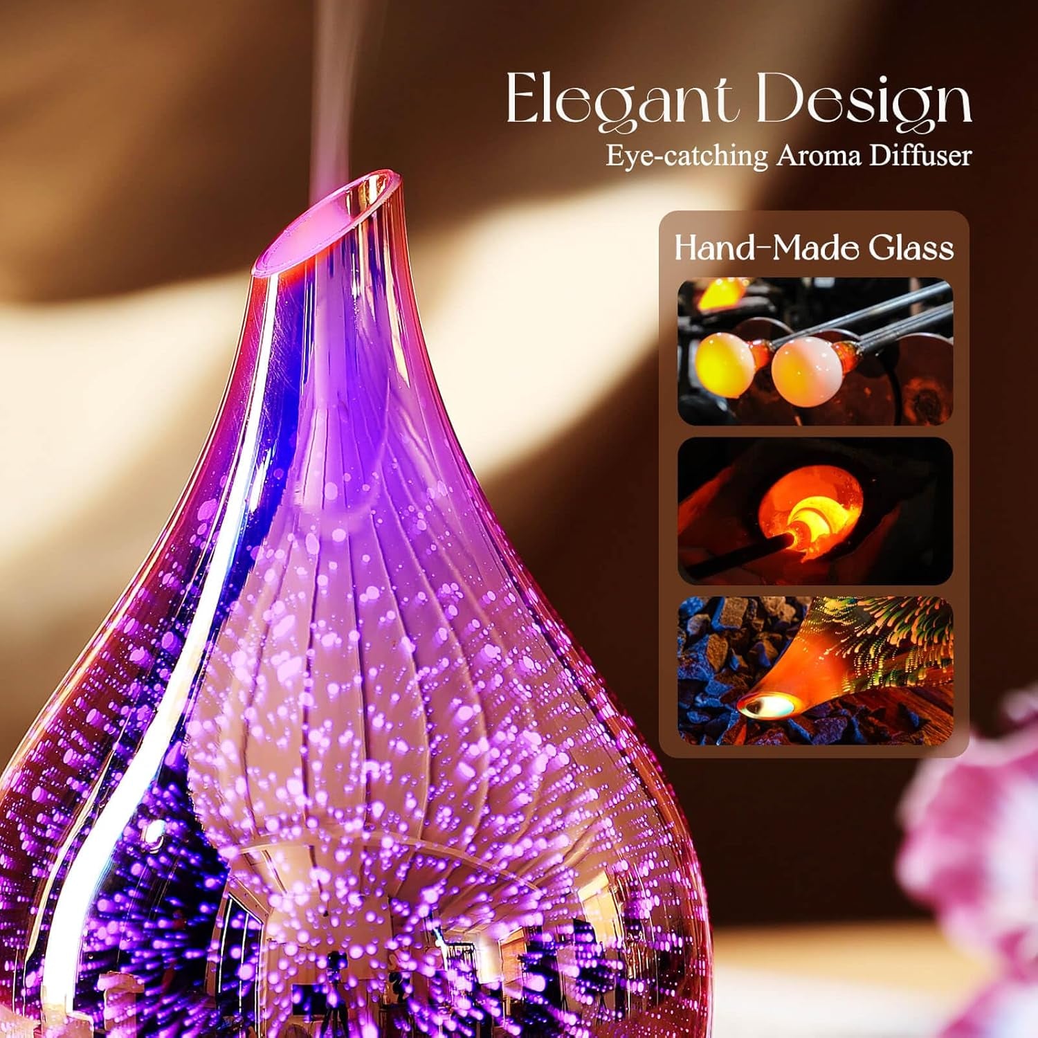 Essential Oil Diffuser 3D Firework Glass Aromatherapy Ultrasonic Humidifier Rose Gold, Auto Shut-Off, Timer Setting, BPA Free, Aroma Decoration for Home, Office, Gym, Spa, Premium Gift 150Ml