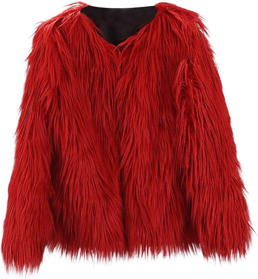 Girl Faux Fur Long Sleeve V Neck Jacket Coat Warm Outerwear Children Thick Outwear 2-10Years (Red, 6-7 Years)