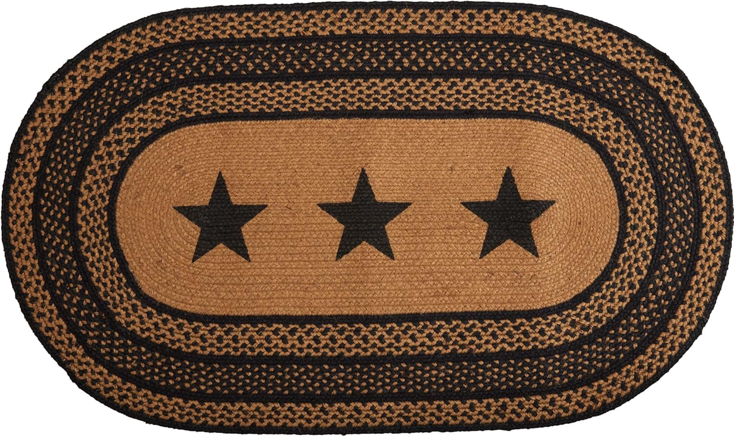 Farmhouse Primitive Star Black Stenciled Accent Jute Rug Oval Stencil Stars W/Pad 20"X30"