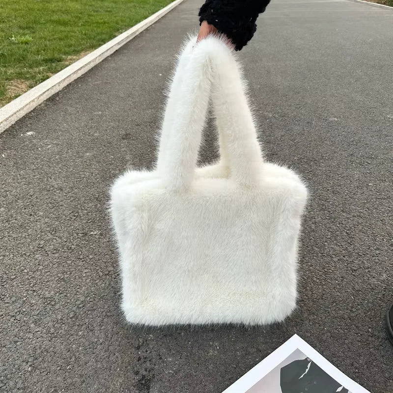 Designer Faux Mongolian Fur Fluffy Plush Shoulder Bag for Women - Large Heart-Shaped Hobo Shopper Handbag
