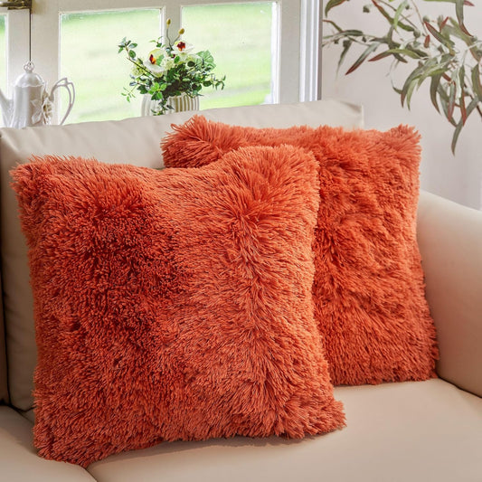 Throw Pillows for Couch and Bed, Soft Shaggy Throw Pillows with Inserts Included, Cozy Long Hair Faux Fur Pillows - Set of 2-20" X 20" - Rust Orange