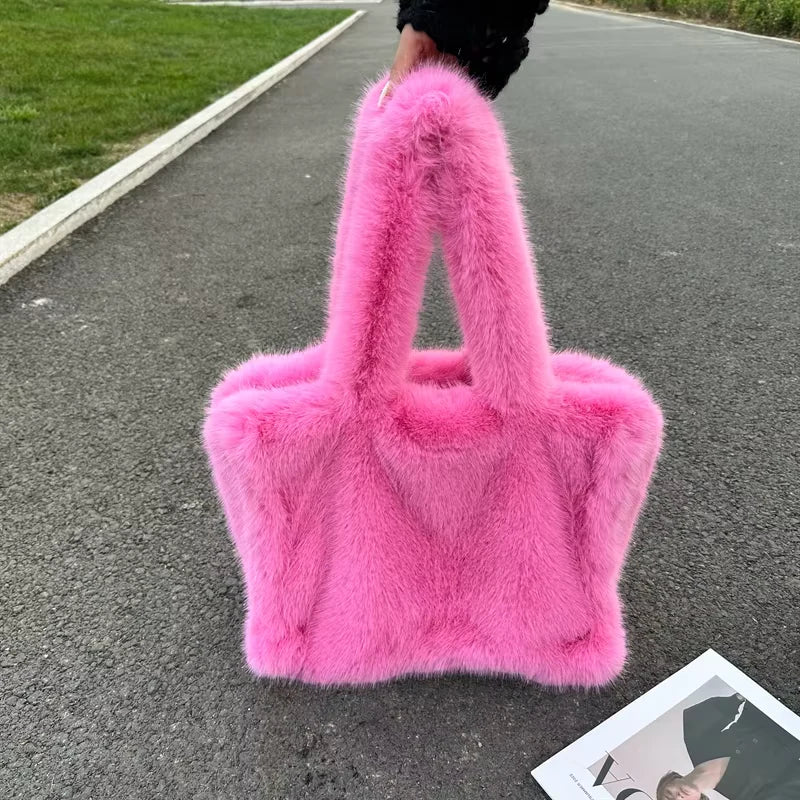 Designer Faux Mongolian Fur Fluffy Plush Shoulder Bag for Women - Large Heart-Shaped Hobo Shopper Handbag