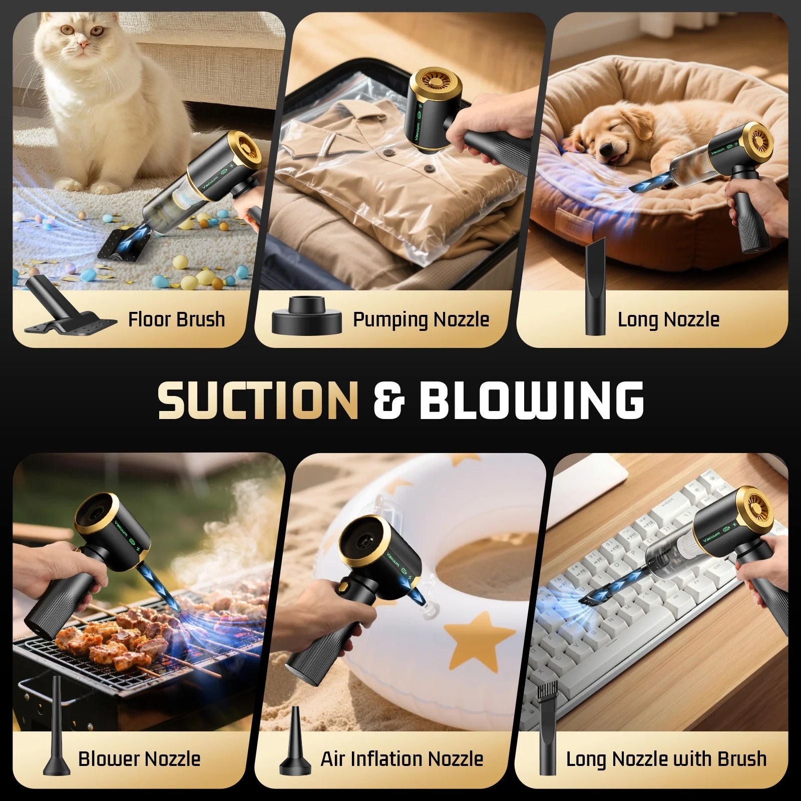 Cordless Handheld Vacuum Cleaner, Small Portable Car Vacuum Cleaner, 16000Pa High Power Air Duster with 6000Mah Battery & LED Display 3 in 1 Mini Blower Vacuum Cleaner for Home Car Office