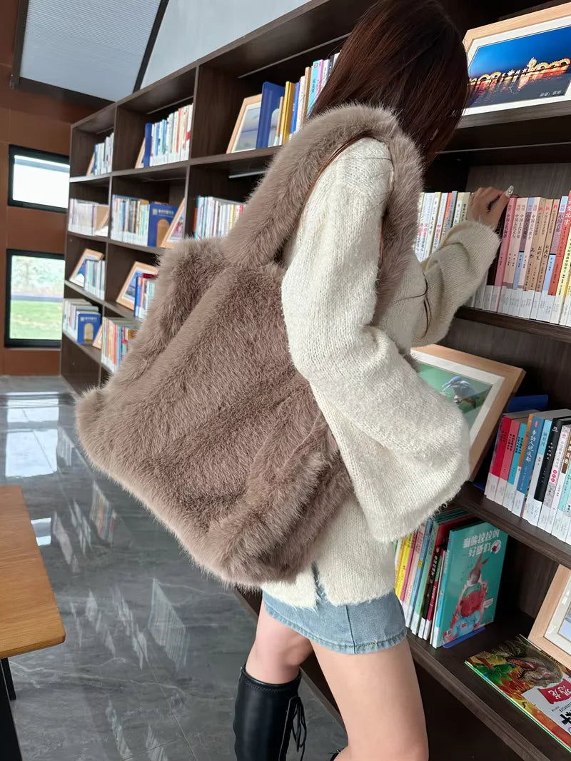 Designer Faux Mongolian Fur Fluffy Plush Shoulder Bag for Women - Large Heart-Shaped Hobo Shopper Handbag