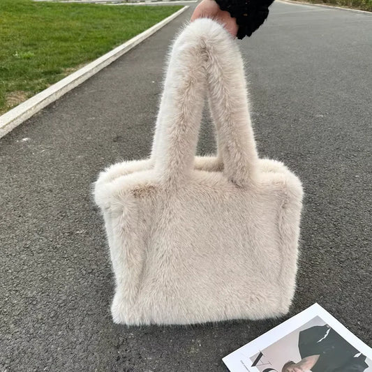 Designer Faux Mongolian Fur Fluffy Plush Shoulder Bag for Women - Large Heart-Shaped Hobo Shopper Handbag