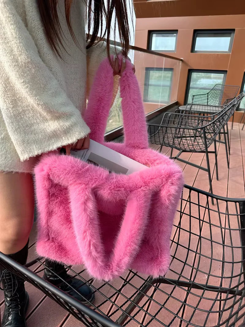 Designer Faux Mongolian Fur Fluffy Plush Shoulder Bag for Women - Large Heart-Shaped Hobo Shopper Handbag