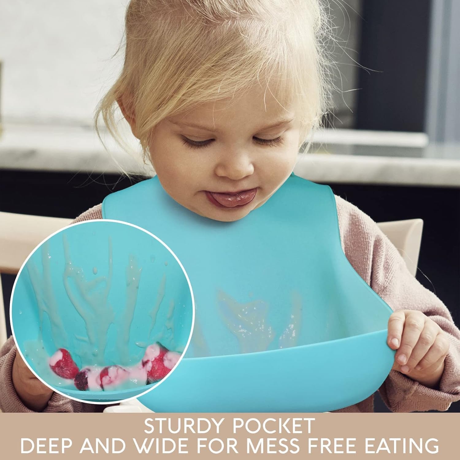 Silicone Baby Bibs - Soft Silicone Bib with Food Catcher and Waterproof Material - Adjustable Fit for Baby and Toddler (Green/Blue)