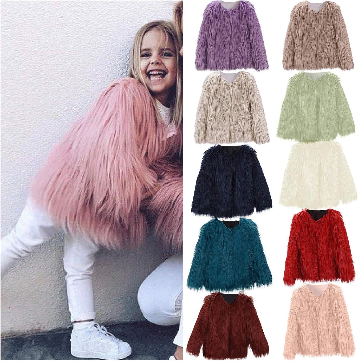 Girl Faux Fur Long Sleeve V Neck Jacket Coat Warm Outerwear Children Thick Outwear 2-10Years (Red, 6-7 Years)