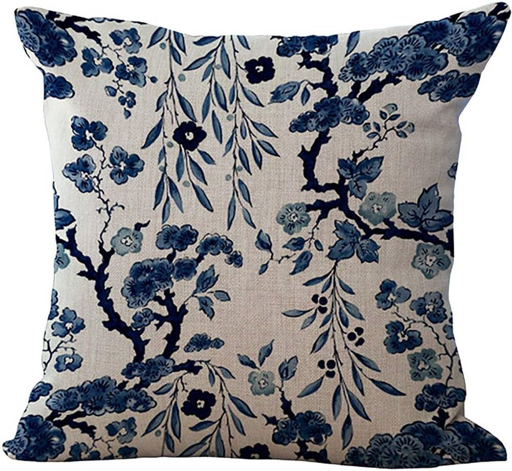 Blue and White Porcelain Throw Pillow Cover, Decorative Chinoiserie Floral Chair Back Cushion Case Linen Cotton Pillowslip Square Pillowcase for Sofa Couch Bed Living Room Kitchen, 18X18 Inch
