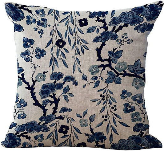 Blue and White Porcelain Throw Pillow Cover, Decorative Chinoiserie Floral Chair Back Cushion Case Linen Cotton Pillowslip Square Pillowcase for Sofa Couch Bed Living Room Kitchen, 18X18 Inch