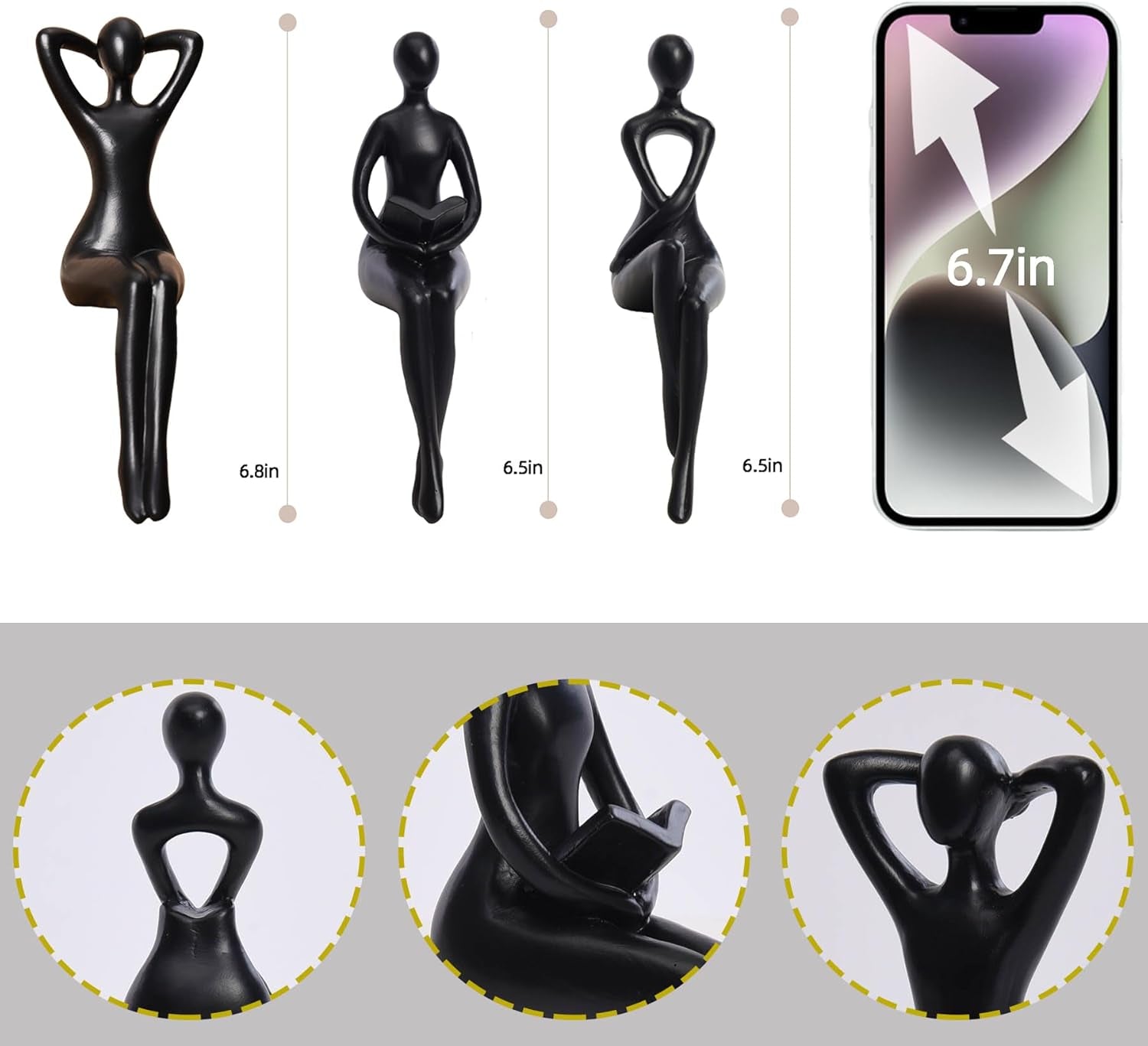 Black Thinker Statue Book Shelf Decor, Minimalist Modern Home Decor Collectable