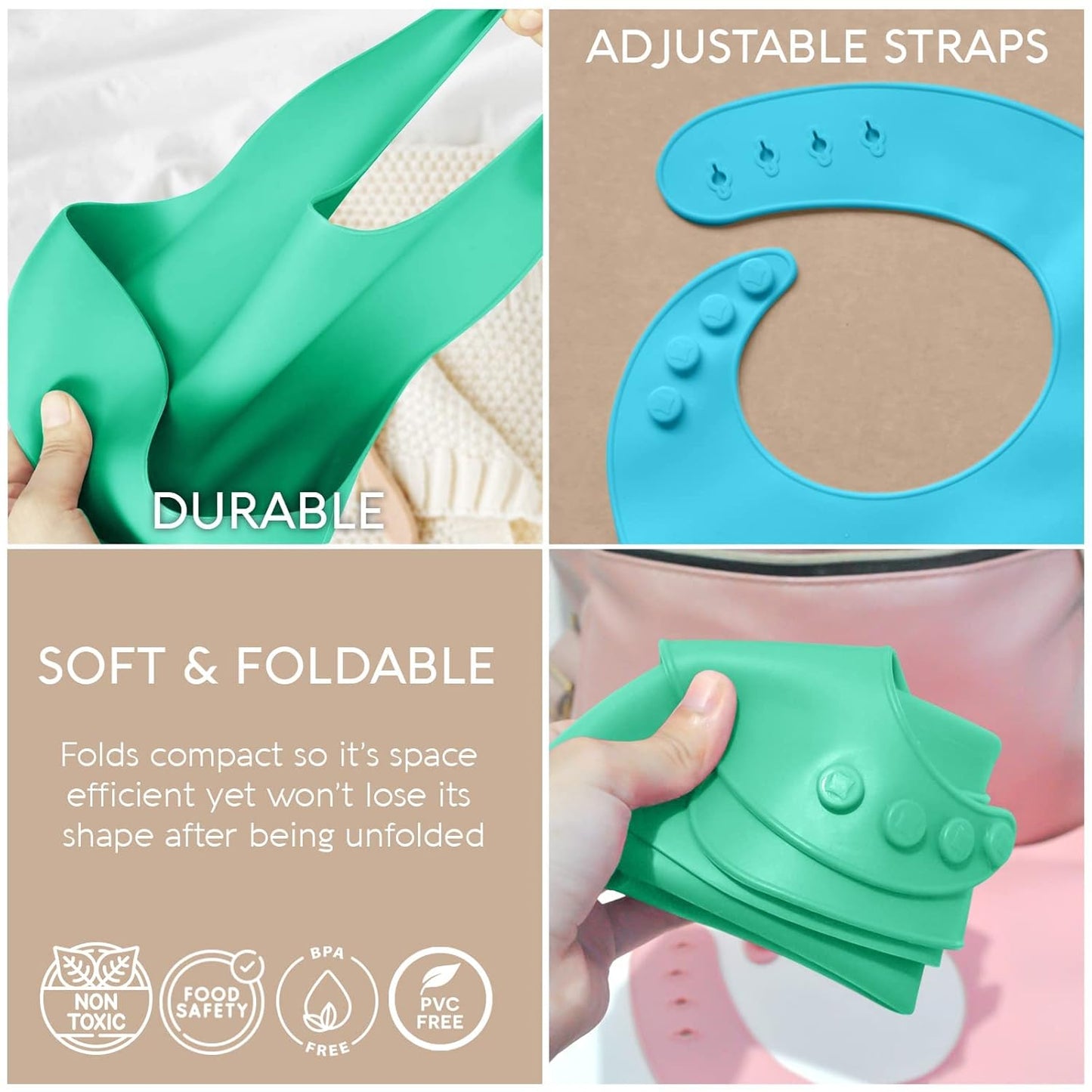 Silicone Baby Bibs - Soft Silicone Bib with Food Catcher and Waterproof Material - Adjustable Fit for Baby and Toddler (Green/Blue)