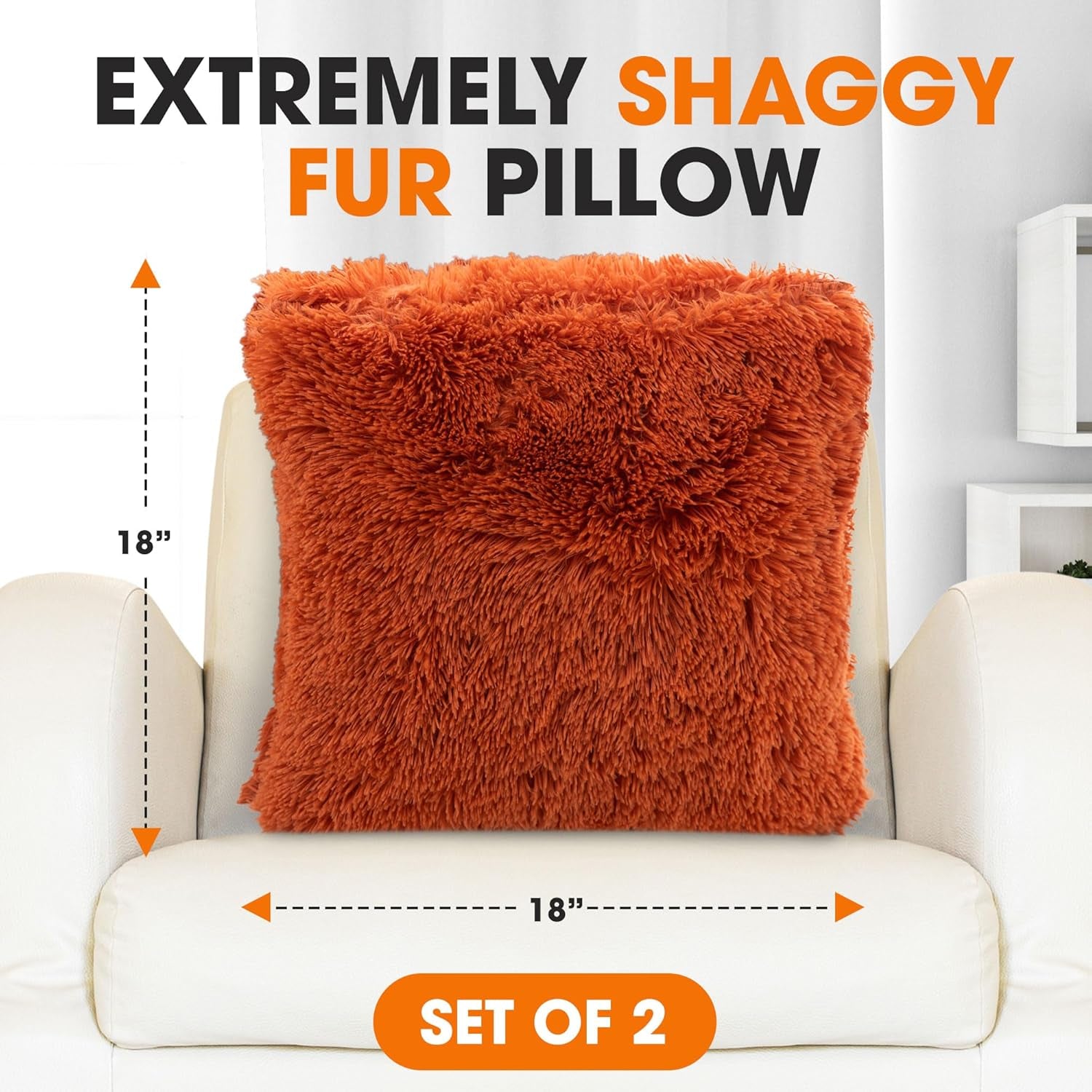 Throw Pillows for Couch and Bed, Soft Shaggy Throw Pillows with Inserts Included, Cozy Long Hair Faux Fur Pillows - Set of 2-20" X 20" - Rust Orange