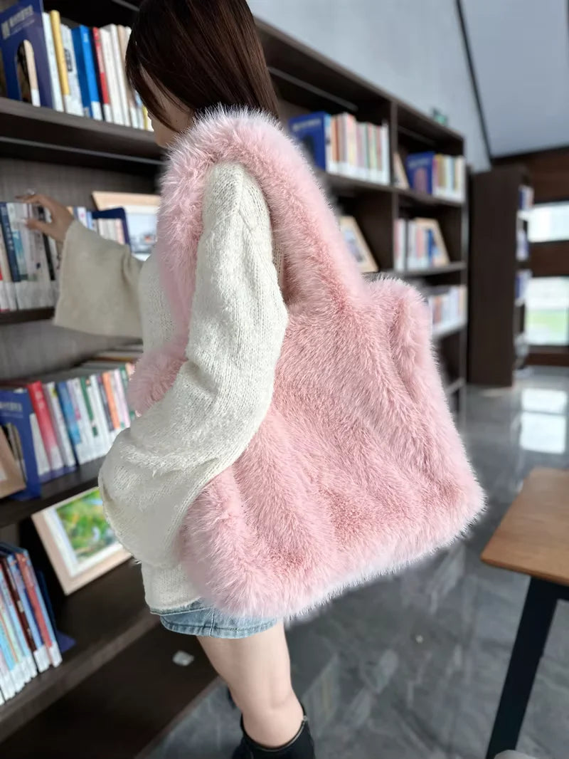 Designer Faux Mongolian Fur Fluffy Plush Shoulder Bag for Women - Large Heart-Shaped Hobo Shopper Handbag