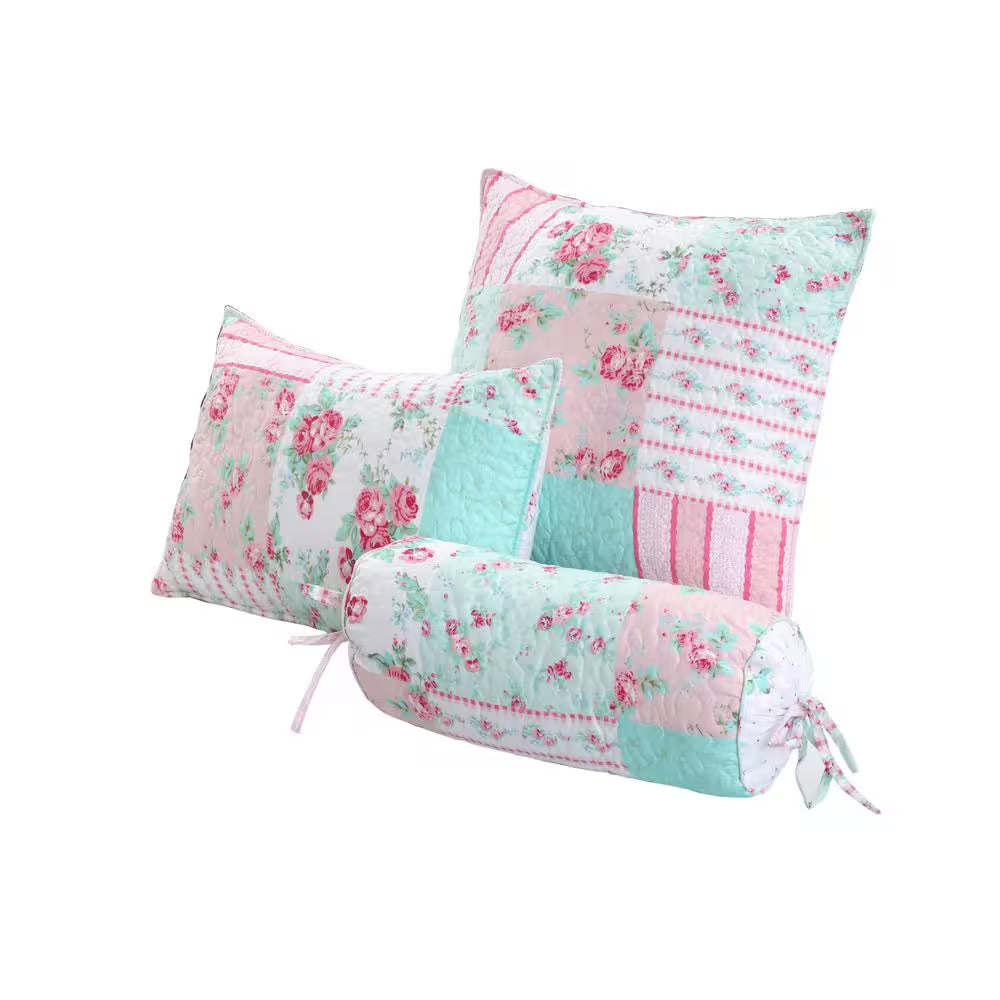 Tiffany Pink Garden 3-Piece Pink, Blue, White Floral Cotton Polyester Decor Throw Pillow Set (Set of 3)