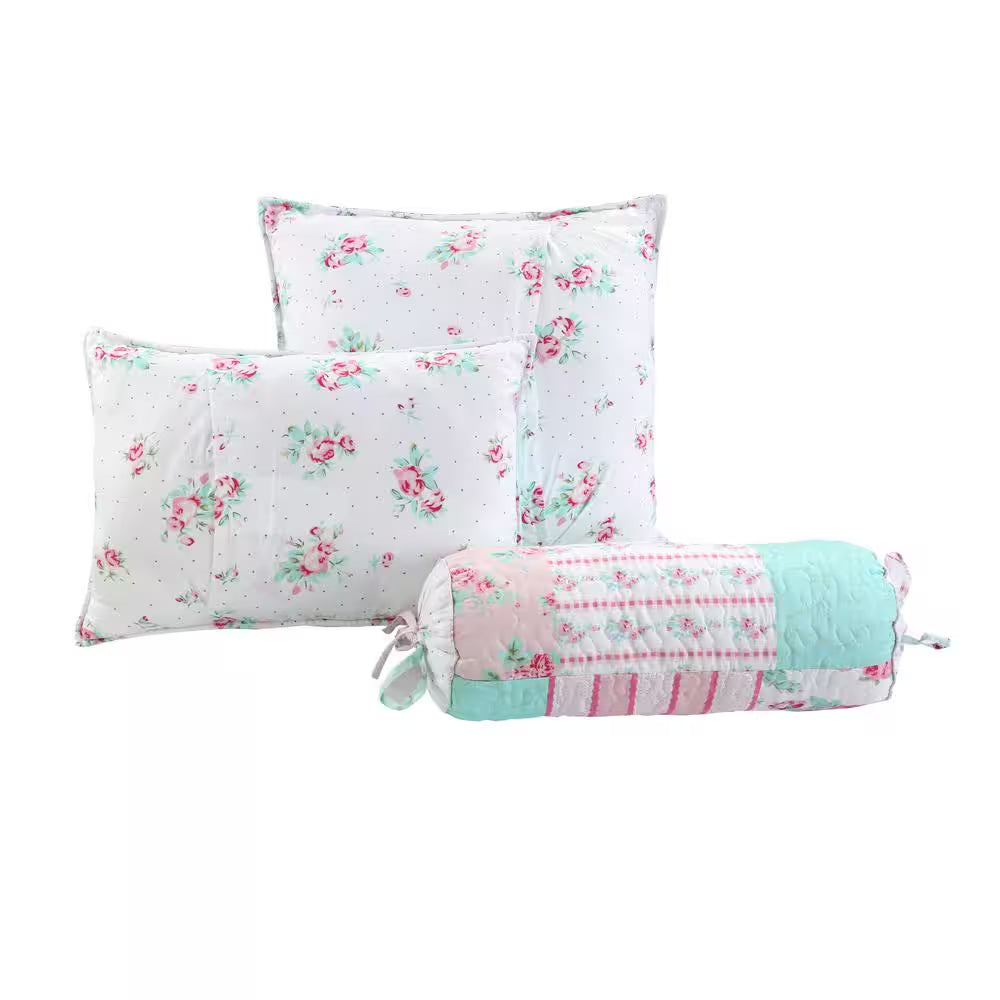 Tiffany Pink Garden 3-Piece Pink, Blue, White Floral Cotton Polyester Decor Throw Pillow Set (Set of 3)