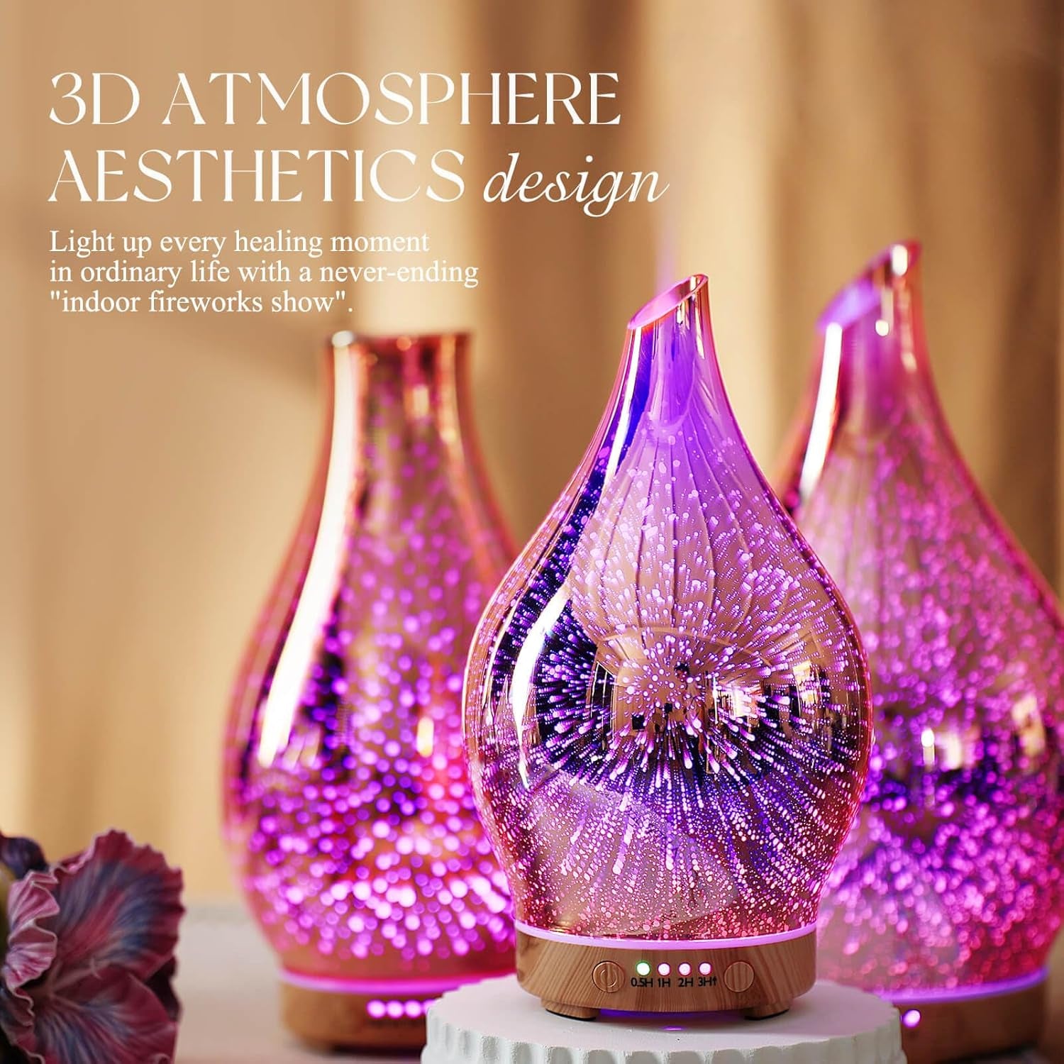 Essential Oil Diffuser 3D Firework Glass Aromatherapy Ultrasonic Humidifier Rose Gold, Auto Shut-Off, Timer Setting, BPA Free, Aroma Decoration for Home, Office, Gym, Spa, Premium Gift 150Ml