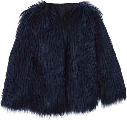 Girl Faux Fur Long Sleeve V Neck Jacket Coat Warm Outerwear Children Thick Outwear 2-10Years (Navy, 9-10 Years)