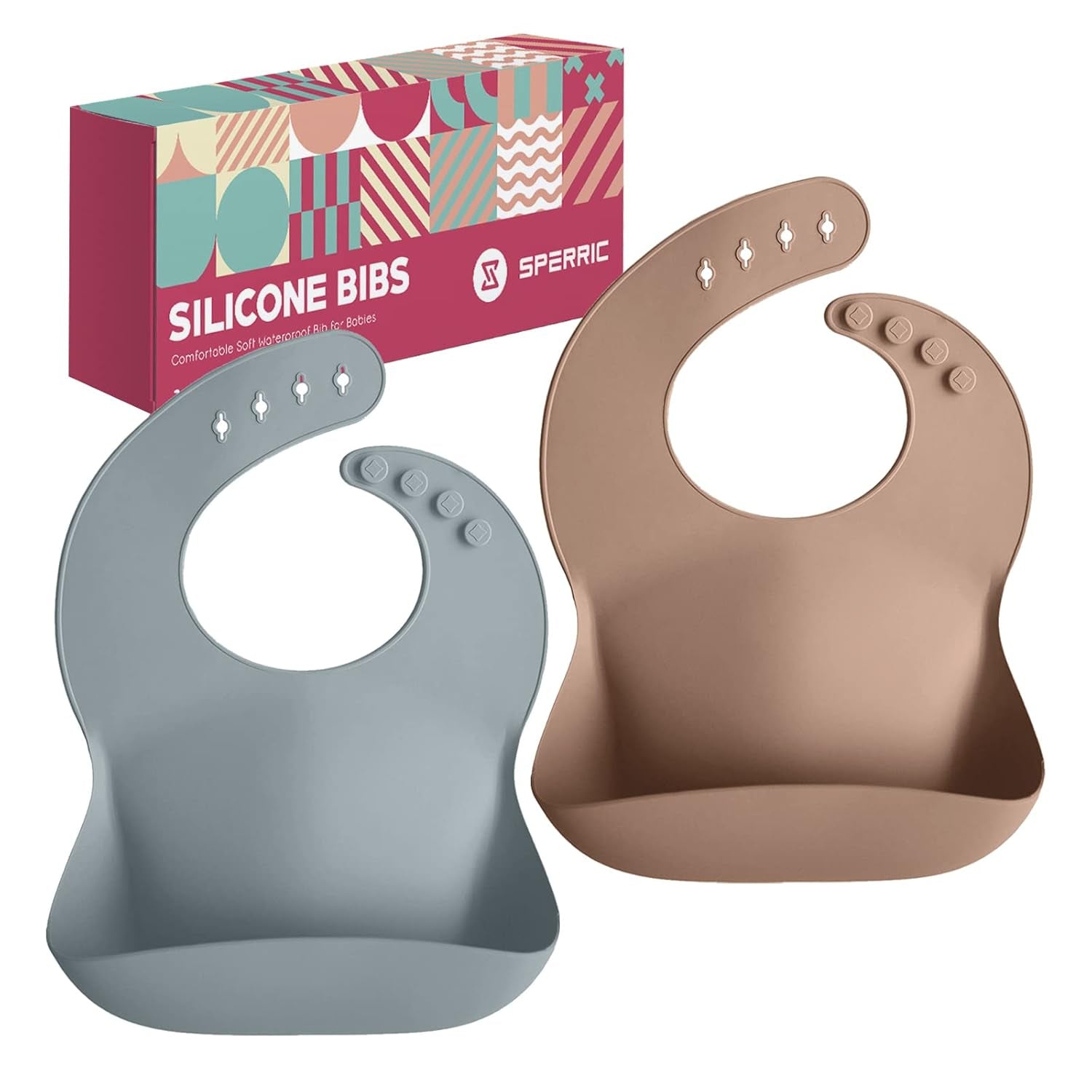 Silicone Baby Bibs - Soft Silicone Bib with Food Catcher and Waterproof Material - Adjustable Fit for Baby and Toddler (Mauvelous & Slate Gray)